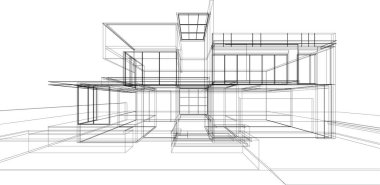 Modern geometrik mimari tasarım, 3D tasarım, gayrimenkul planı, mimari sanat, taslak çizimi.