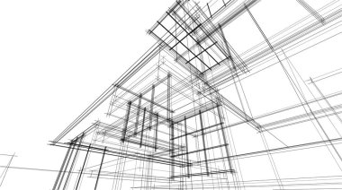 Modern geometrik mimari tasarım, 3D tasarım, gayrimenkul planı, mimari sanat, taslak çizimi.
