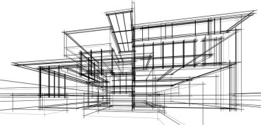 Modern geometrik mimari tasarım, 3D tasarım, gayrimenkul planı, mimari sanat, taslak çizimi.