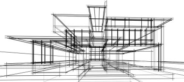 Modern geometrik mimari tasarım, 3D tasarım, gayrimenkul planı, mimari sanat, taslak çizimi.