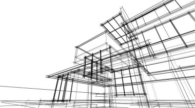 Modern geometrik mimari tasarım, 3D tasarım, gayrimenkul planı, mimari sanat, taslak çizimi.