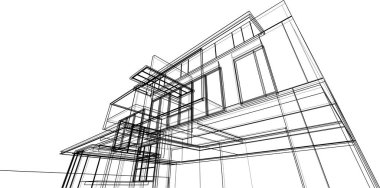 Modern geometrik mimari tasarım, 3D tasarım, gayrimenkul planı, mimari sanat, taslak çizimi.