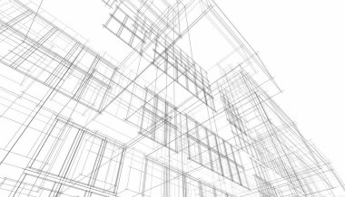 Modern geometrik mimari tasarım, 3D tasarım, gayrimenkul planı, mimari sanat, taslak çizimi.