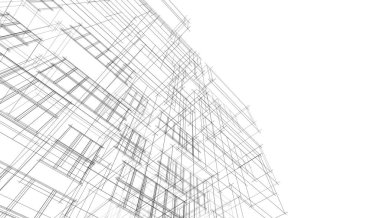 Modern geometrik mimari tasarım, 3D tasarım, gayrimenkul planı, mimari sanat, taslak çizimi.