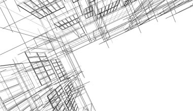 Modern geometrik mimari tasarım, 3D tasarım, gayrimenkul planı, mimari sanat, taslak çizimi.