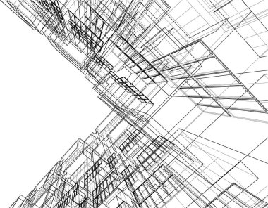 Modern geometrik mimari tasarım, 3D tasarım, gayrimenkul planı, mimari sanat, taslak çizimi.