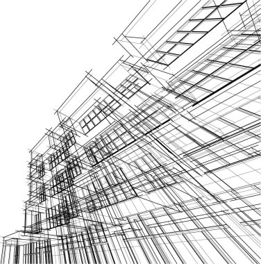 Modern geometrik mimari tasarım, 3D tasarım, gayrimenkul planı, mimari sanat, taslak çizimi.