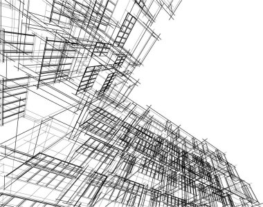 Modern geometrik mimari tasarım, 3D tasarım, gayrimenkul planı, mimari sanat, taslak çizimi.