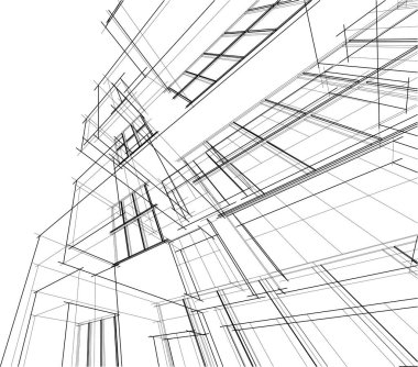 Modern geometrik mimari tasarım, 3D tasarım, gayrimenkul planı, mimari sanat, taslak çizimi.