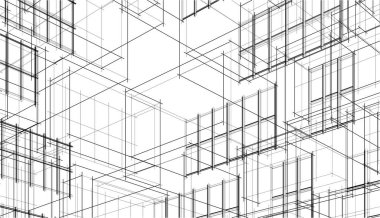 Modern geometrik mimari tasarım, 3D tasarım, gayrimenkul planı, mimari sanat, taslak çizimi.