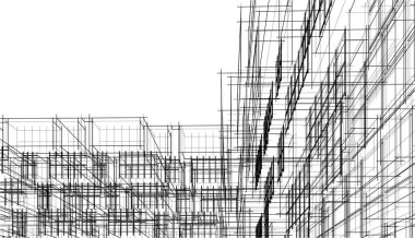 Modern geometrik mimari tasarım, 3D tasarım, gayrimenkul planı, mimari sanat, taslak çizimi.