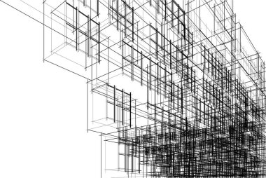 Modern geometrik mimari tasarım, 3D tasarım, gayrimenkul planı, mimari sanat, taslak çizimi.