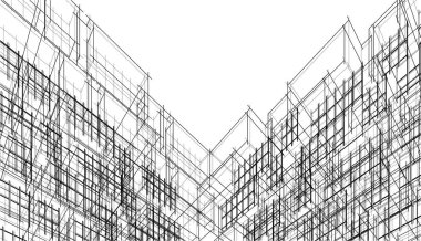 Modern geometrik mimari tasarım, 3D tasarım, gayrimenkul planı, mimari sanat, taslak çizimi.