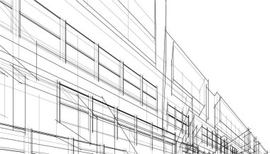 Modern geometrik mimari tasarım, 3D tasarım, gayrimenkul planı, mimari sanat, taslak çizimi.