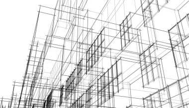 Modern geometrik mimari tasarım, 3D tasarım, gayrimenkul planı, mimari sanat, taslak çizimi.