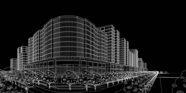 abstract drawing lines in architectural art concept, the architectural design of district with high-rise buildings