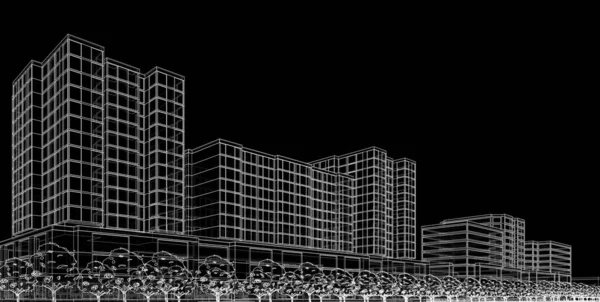 abstract drawing lines in architectural art concept, the architectural design of district with high-rise buildings