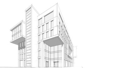 Alışveriş merkezi mimari çizimi 3d illüstrasyon