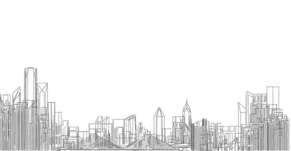 Ilustracja Panoramy Miasta Budynkami Mostem — Zdjęcie stockowe