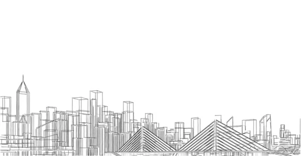 Иллюстрация Городского Горизонта Зданиями Мостом — стоковое фото
