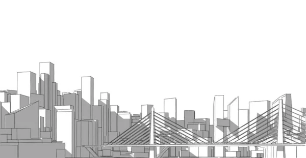 建物と橋のある街のスカイラインの3Dイラスト — ストック写真
