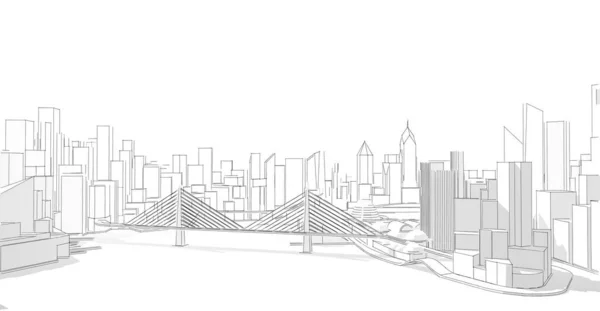 Иллюстрация Городского Горизонта Зданиями Мостом — стоковое фото