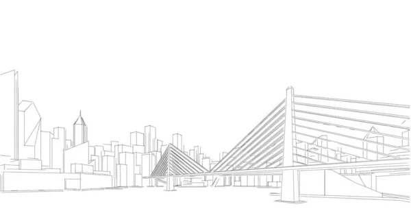 Ilustracja Panoramy Miasta Budynkami Mostem — Zdjęcie stockowe