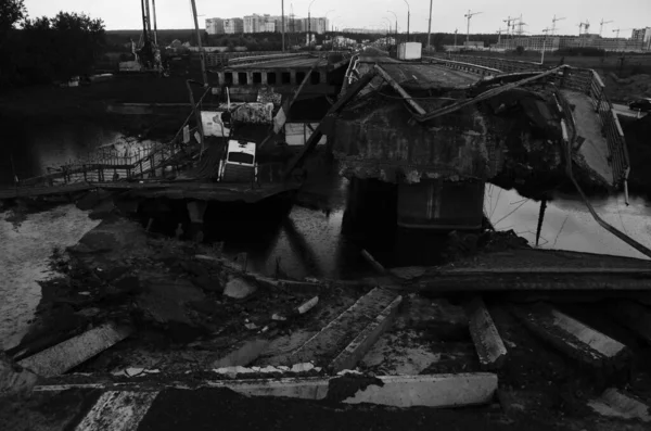 War Ukraine Destroyed Bridge Irpin Kyiv Region Russian Invaders Attack — Stock Photo, Image