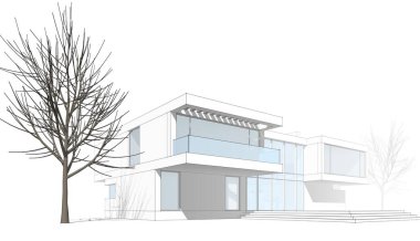 Ev, villa konsepti çizimi 3D illüstrasyon