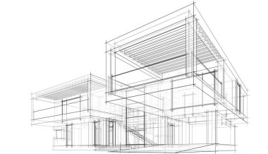 Ev, villa konsepti çizimi 3D illüstrasyon