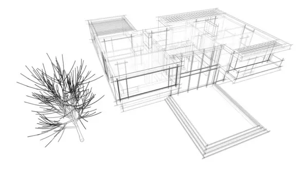 别墅概念草图3D插图 — 图库照片
