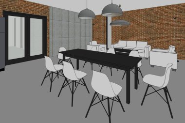 Modern geometrik mimari tasarım, 3D tasarım, bir evin iç planı, mimari sanat, taslak çizimi.