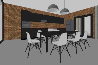 Modern geometrik mimari tasarım, 3D tasarım, bir evin iç planı, mimari sanat, taslak çizimi.