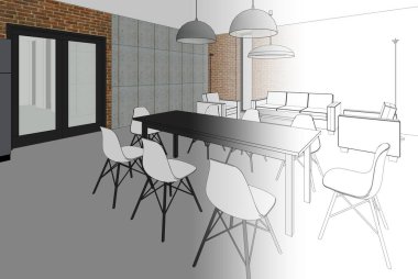 Modern geometrik mimari tasarım, 3D tasarım, bir evin iç planı, mimari sanat, taslak çizimi.