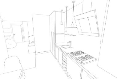 Modern geometrik mimari tasarım, 3D tasarım, bir evin iç planı, mimari sanat, taslak çizimi.