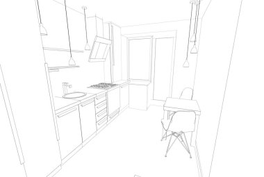 Modern geometrik mimari tasarım, 3D tasarım, bir evin iç planı, mimari sanat, taslak çizimi.