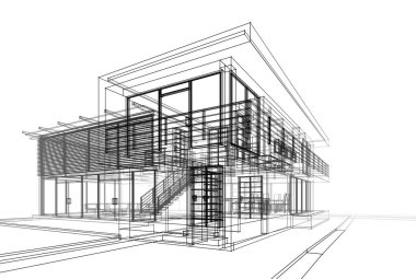 Mimari çizim. Modern bina çizimi, 3D görüntüleme