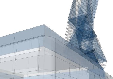 Soyut mimari arkaplan, gökdelen, üç boyutlu illüstrasyon