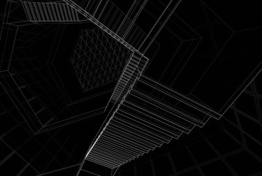 Soyut mimari arkaplan, gökdelen, üç boyutlu illüstrasyon