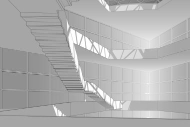 Soyut mimari arkaplan, gökdelen, üç boyutlu illüstrasyon