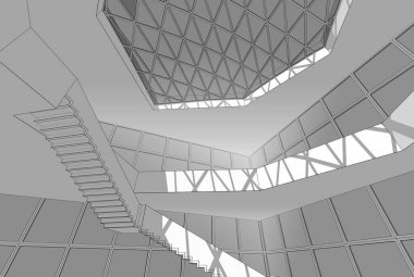 Soyut mimari arkaplan, gökdelen, üç boyutlu illüstrasyon