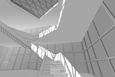 Soyut mimari arkaplan, gökdelen, üç boyutlu illüstrasyon