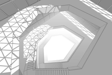 Soyut mimari arkaplan, gökdelen, üç boyutlu illüstrasyon