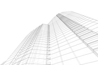 Soyut mimari arkaplan, gökdelen, üç boyutlu illüstrasyon