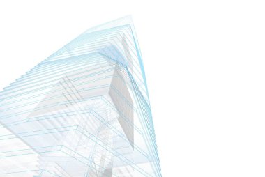 Soyut mimari arkaplan, gökdelen, üç boyutlu illüstrasyon