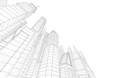 Soyut mimari arkaplan, gökdelenler, 3D illüstrasyon