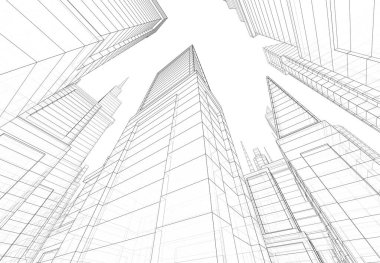 Soyut mimari arkaplan, gökdelenler, 3D illüstrasyon