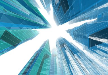 Soyut mimari arkaplan, gökdelenler, 3D illüstrasyon