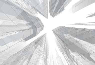 Soyut mimari arkaplan, gökdelenler, 3D illüstrasyon