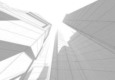 Soyut mimari arkaplan, gökdelenler, 3D illüstrasyon